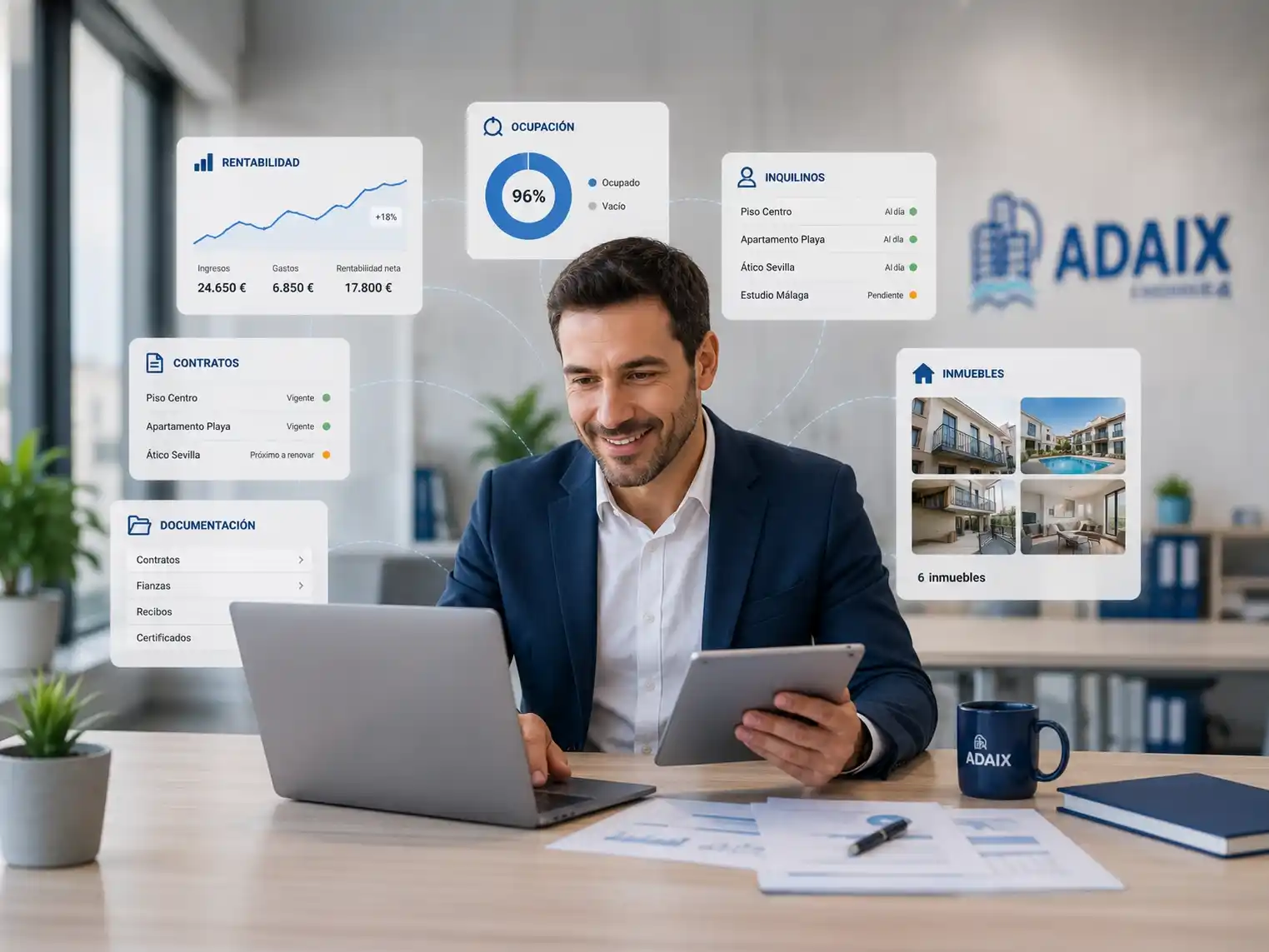 Inversor inmobiliario gestionando viviendas en alquiler con Adaix