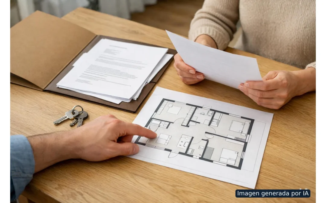 Manos revisando documentos y planos de una vivienda sobre una mesa junto a unas llaves