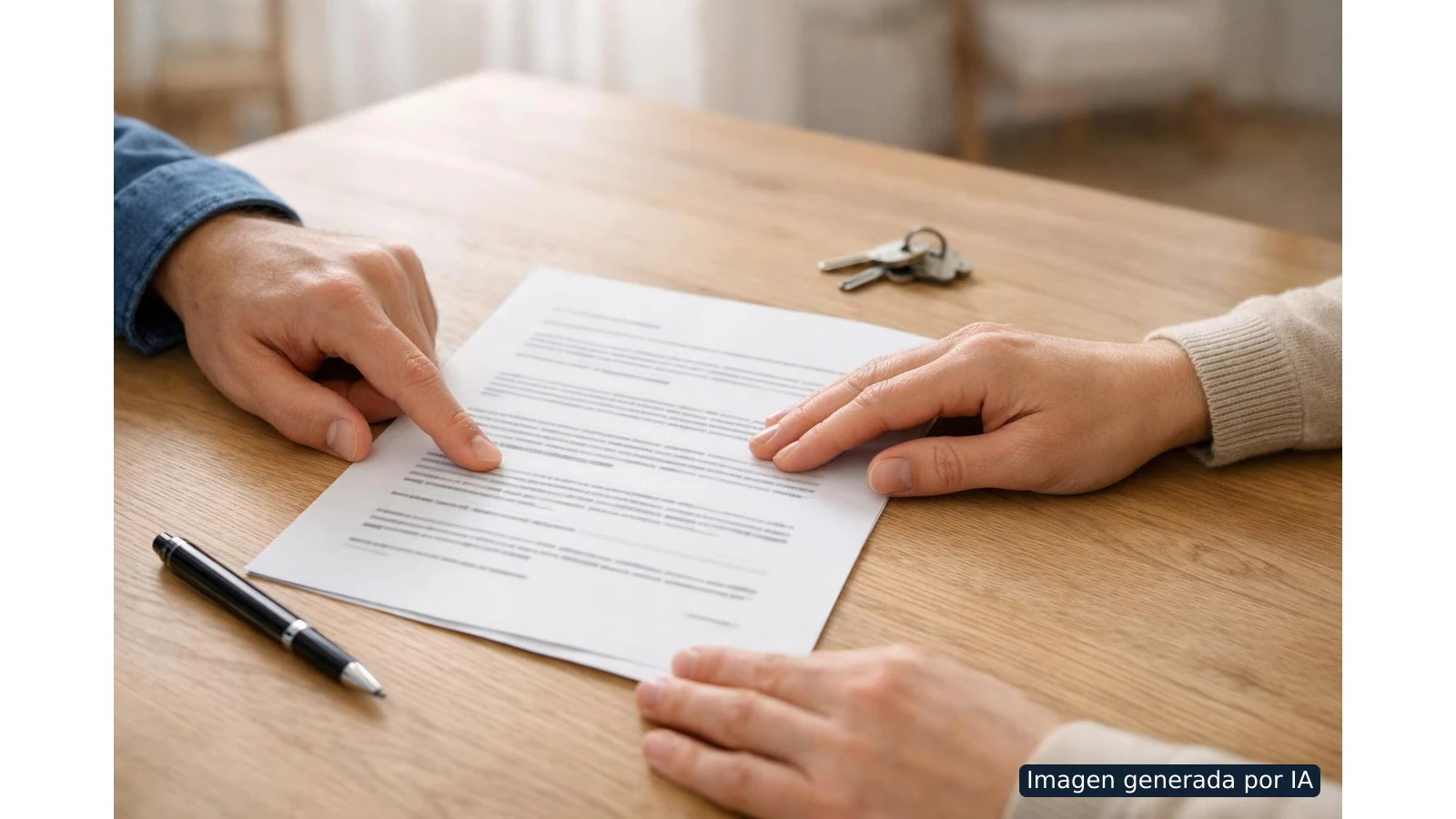 Dos personas revisando un contrato sobre una mesa de madera, con un bolígrafo y unas llaves al lado