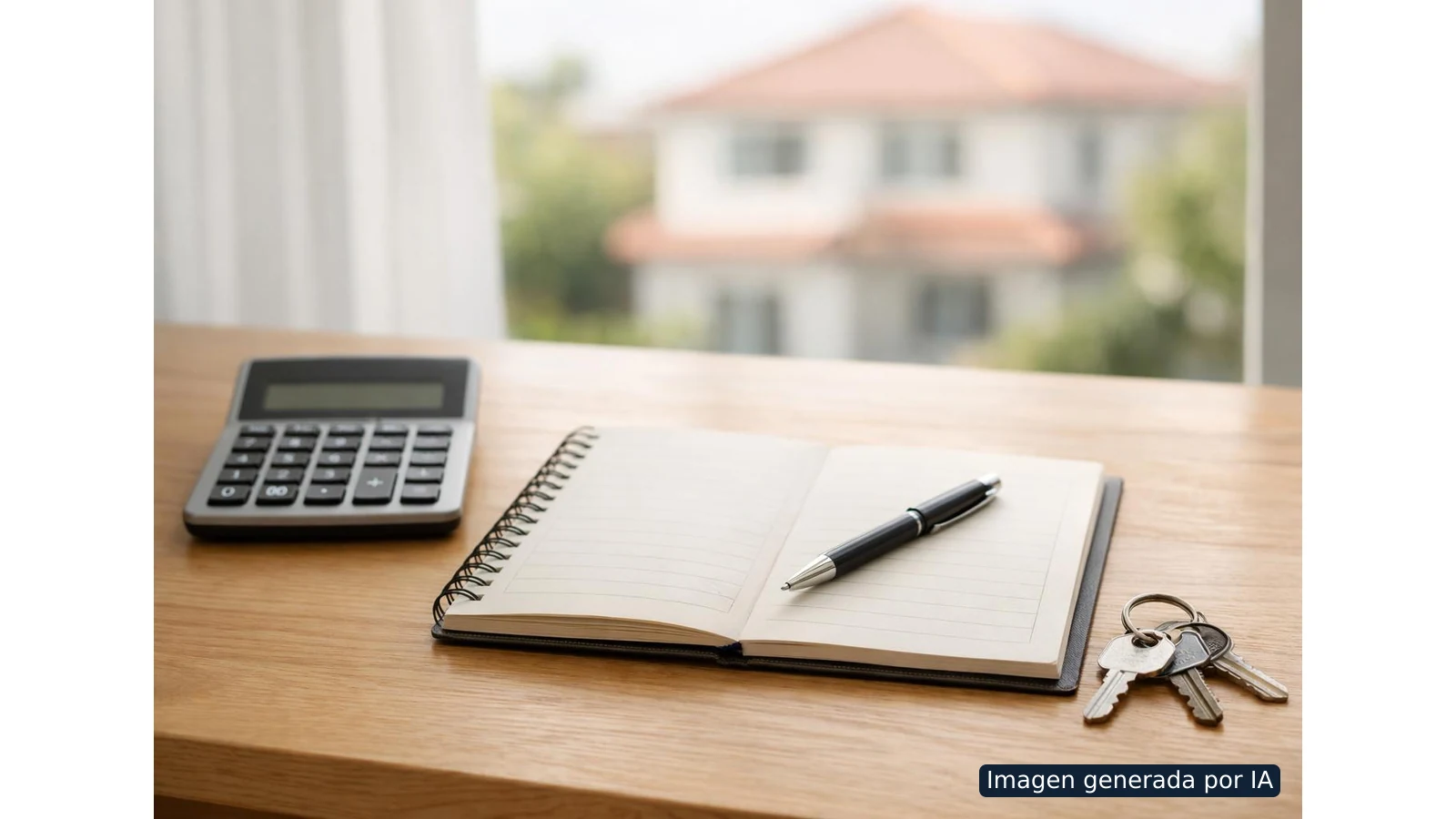 Calculadora, cuaderno abierto, bolígrafo y llaves sobre una mesa, con una vivienda desenfocada al fondo